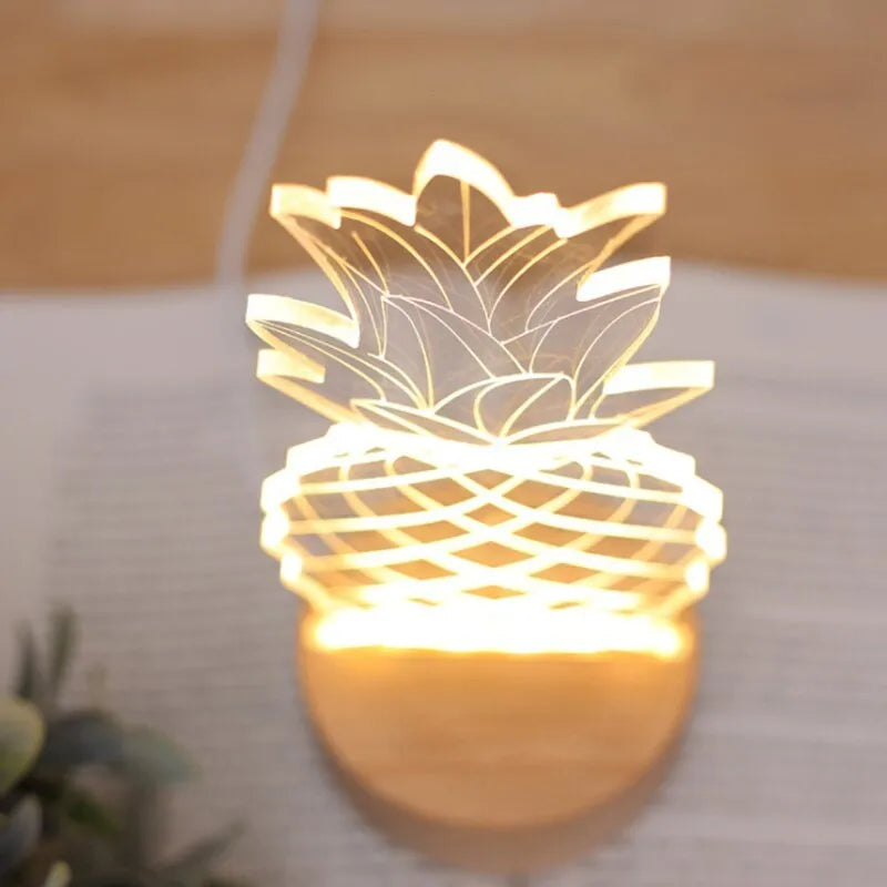 Pineapple-shaped bedside lamp made of wood and acrylic with USB cable and dimmable LED light