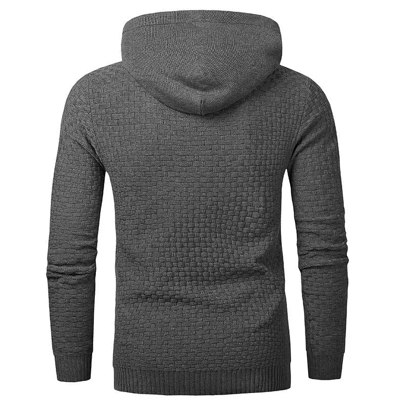 Men's hoodie sweater in a cotton-polyester blend, shown in one of nine available colours.