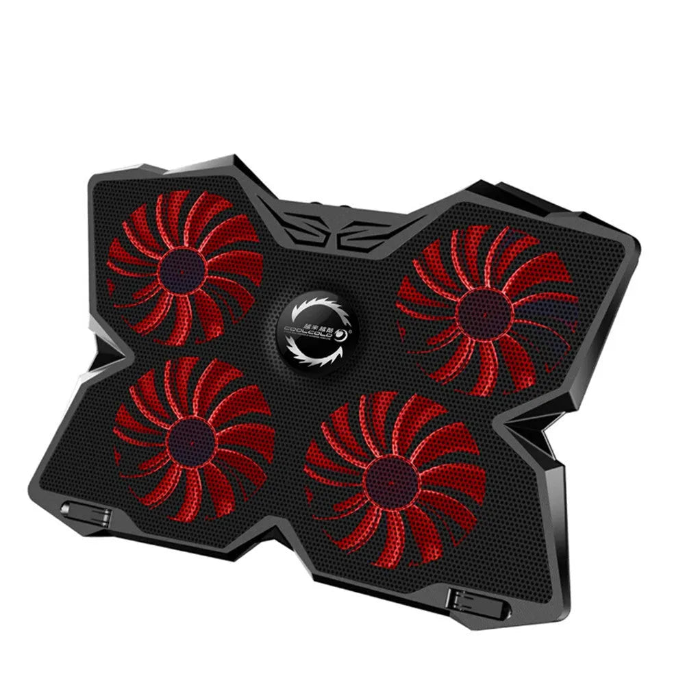 Blue computer cooling base with four LED fans, two USB ports, and speed control switches