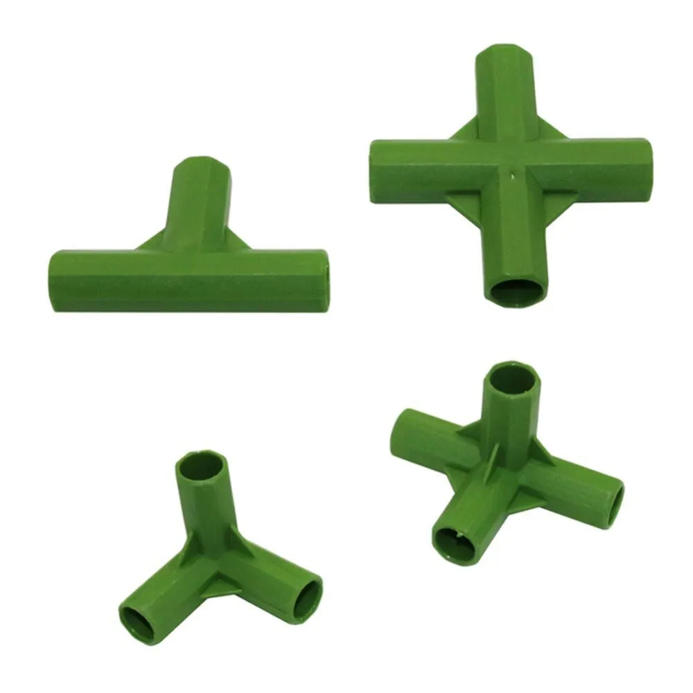 Two white PP plastic garden connectors, one with three arms and one with four, for connecting 11mm plant support stakes.