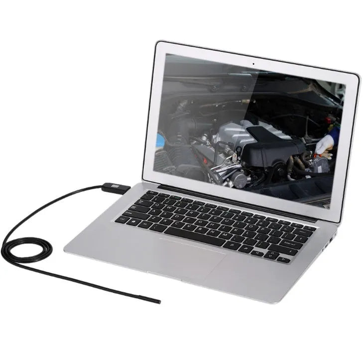 OWSOO USB endoscope with 7mm camera, 5m cable, hook, magnet, and side audition tools on a white background.