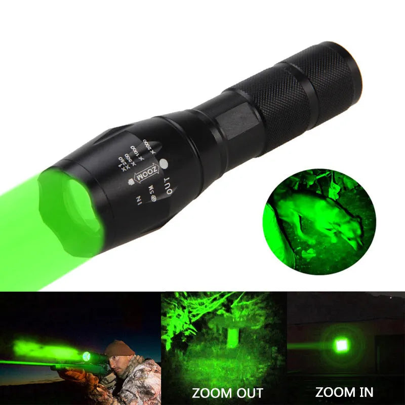 Black aluminium alloy LED zoom flashlight with adjustable focus ring and antiskid texture.