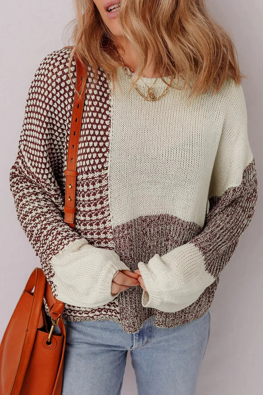 Dark khaki colour block loose knit sweater with drop shoulders and a back tie detail.