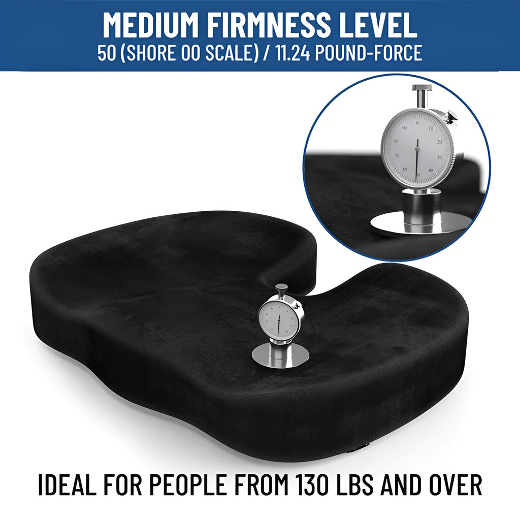 Black flannel U-shaped memory foam office seat cushion showing dimensions