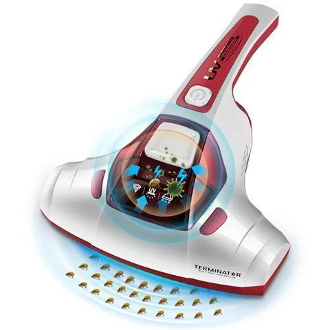 Pink handheld mite vacuum cleaner on a mattress, showing its nozzle and compact design.