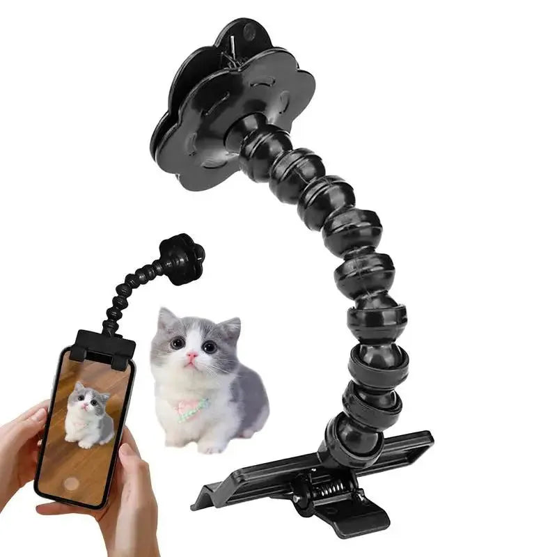 Plastic pet photography mobile phone holder with rotating treat clip in black or white colour