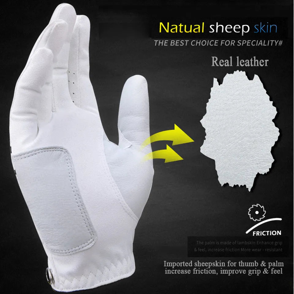 Summer thin section golf glove in real sheepskin leather with anti-skid particles, breathable pores and Velcro closure.