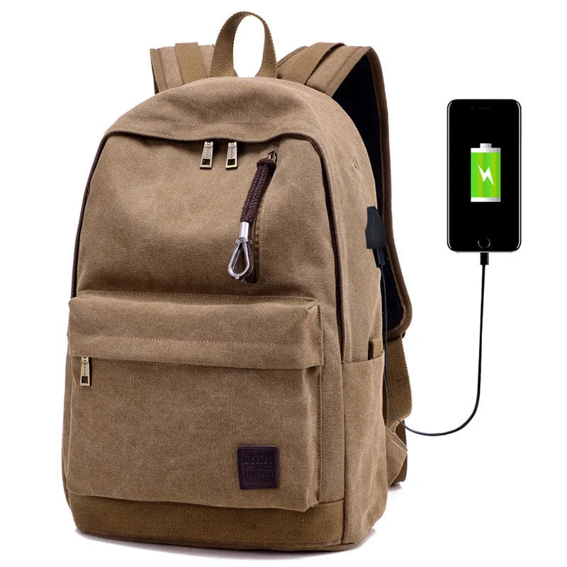 Canvas backpack with USB charging port in Coffee, Grey, Khaki, or Black colour.