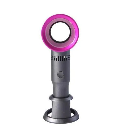 Compact portable bladeless fan in chosen colour on its base, with USB cable for charging.