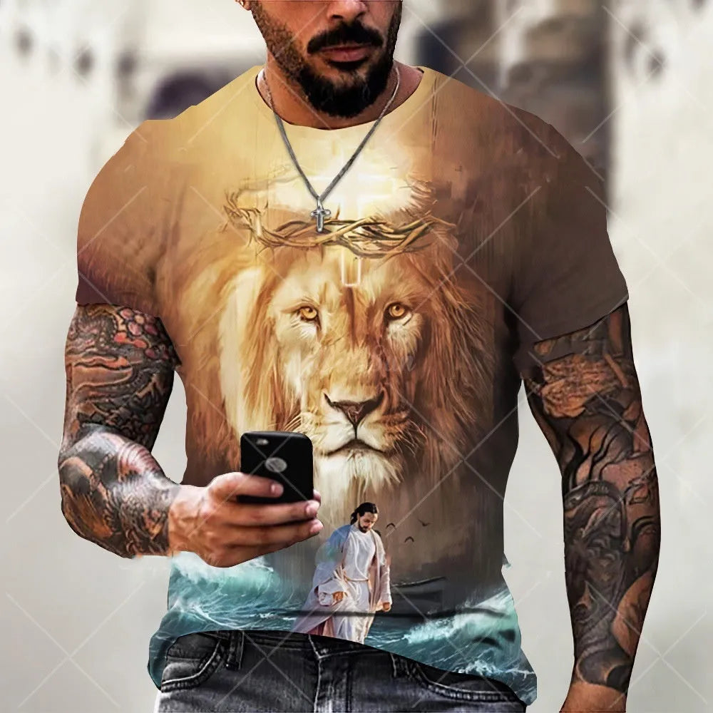 Men's grey T-shirt with a 3D printed Jesus design on the chest.