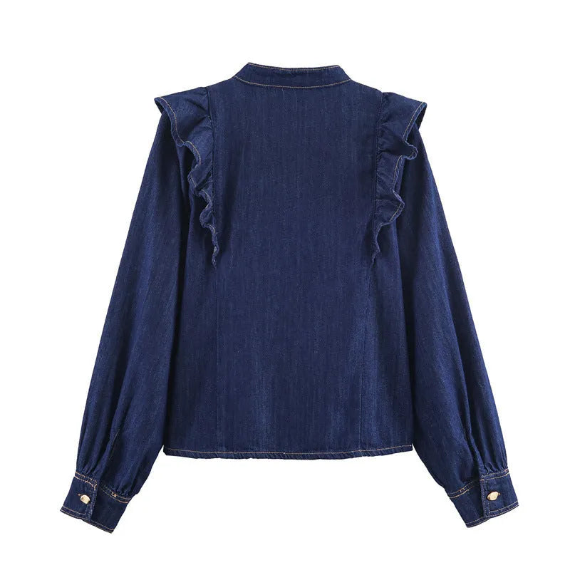Layered denim look shirt and full-length trousers set in solid colour with button detail, sizes XS to L