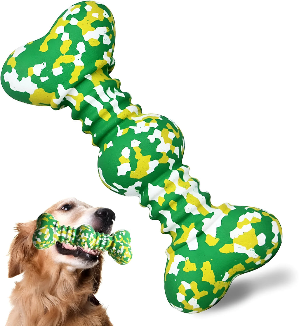 Natural rubber dog chew toy in camouflage pattern with bone shape, shown in green, white and yellow colours