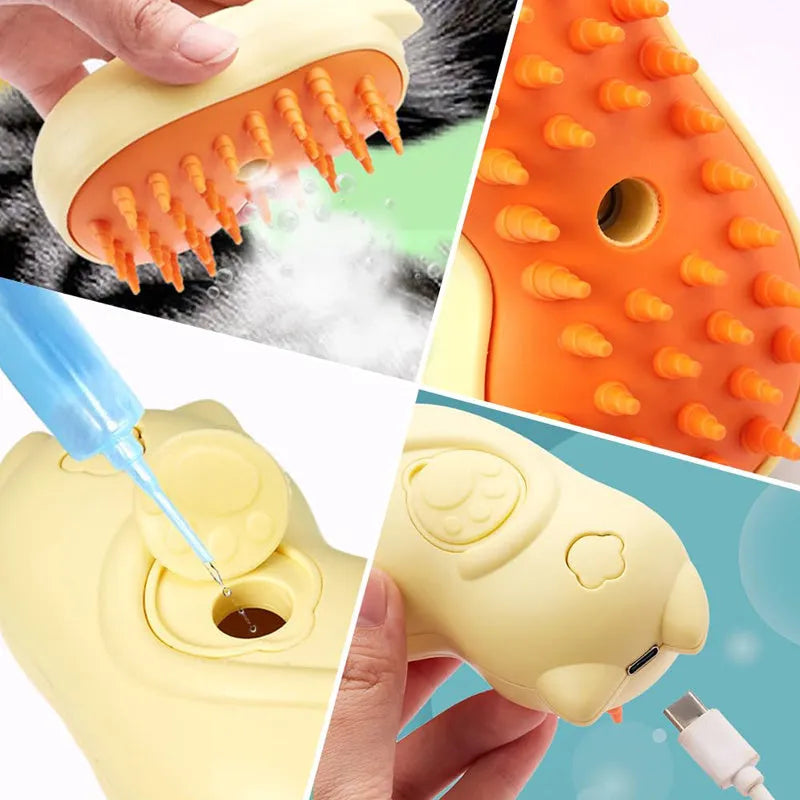 Steam-powered pet grooming brush with ergonomic handle for cats and dogs.