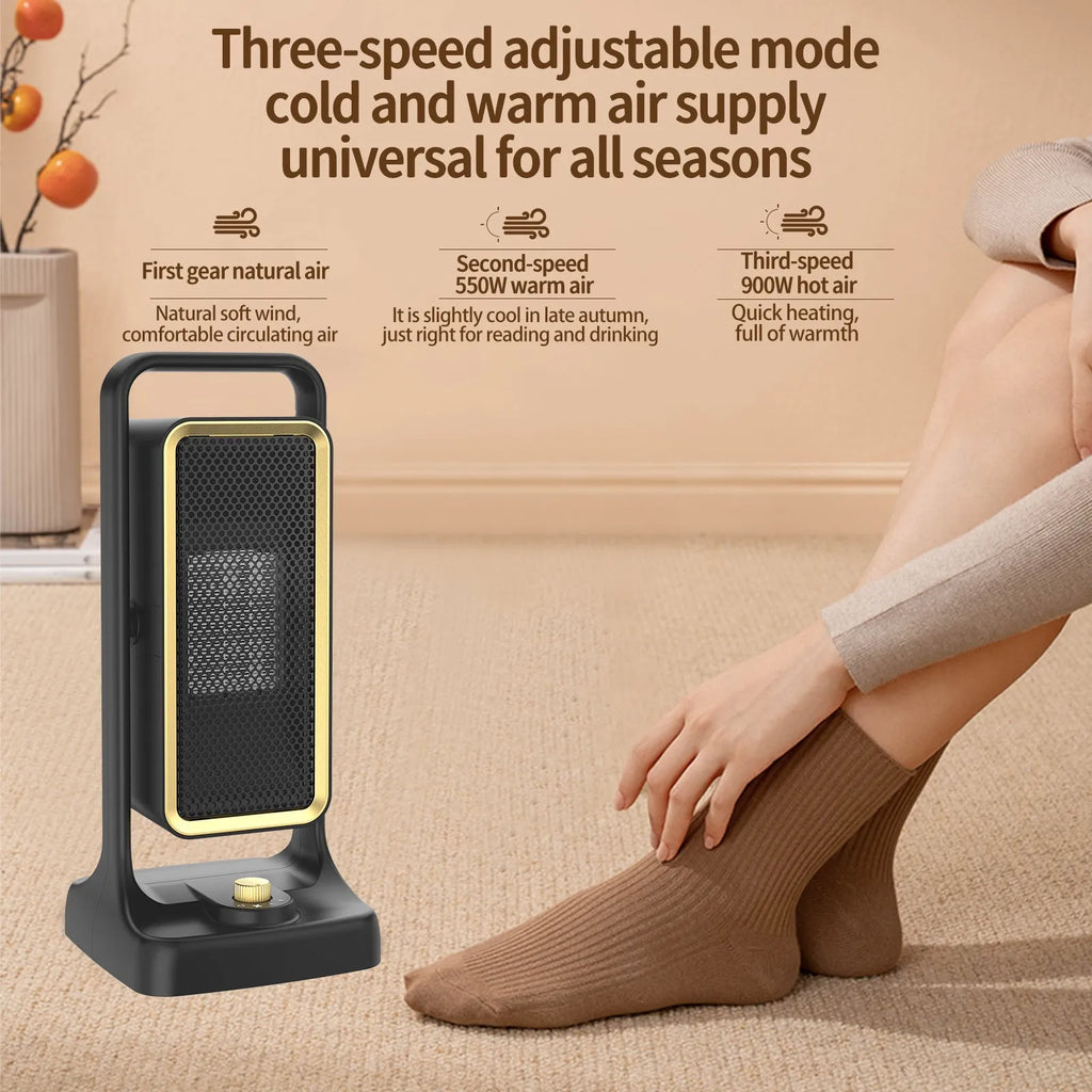 Black desktop PTC ceramic heater with knob control, measuring 14.9x11.1x33.5 cm
