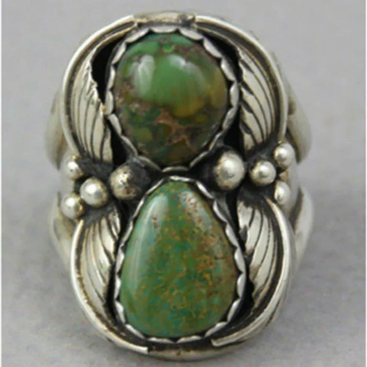 Turquoise geometric retro ring with inlaid design on alloy band