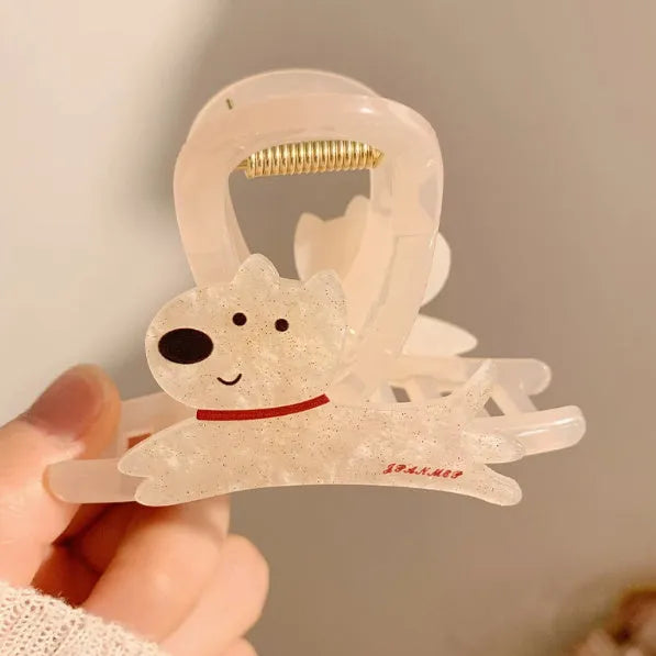 Beige and brown cartoon puppy design barrette hair clips showing 13cm and 8cm size options.