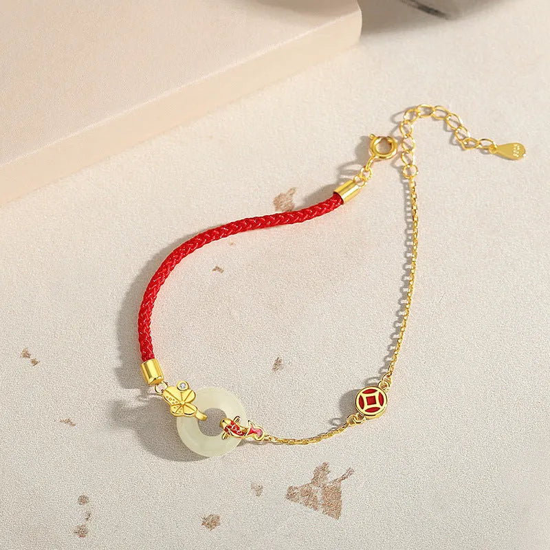 Women's gold electroplated 925 silver bracelet with red rope, koi and peace bucket charms, zodiac animal design