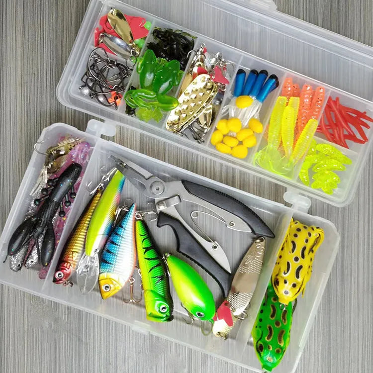 142-piece fishing lure set showing metal hard minnow lures, plastic sequin baits, and fishing pliers