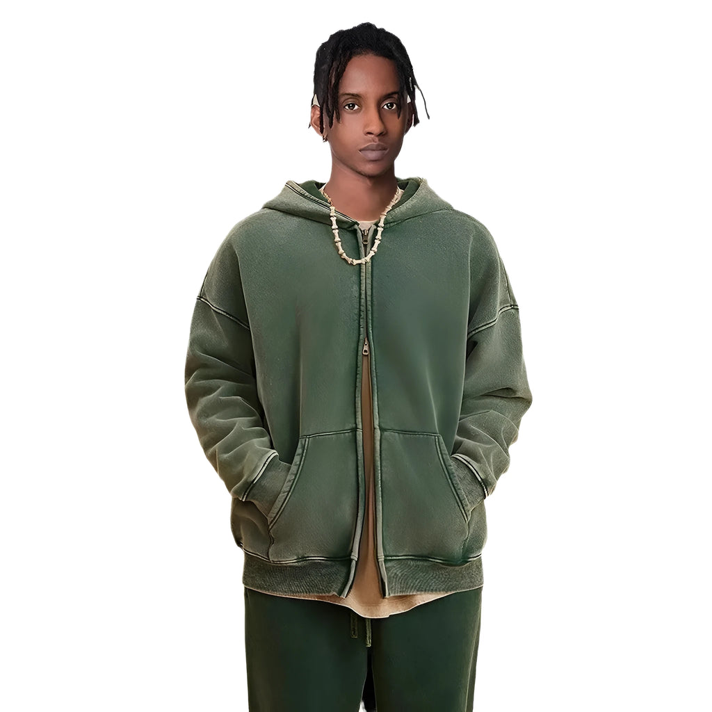 Men's washed cotton hooded cardigan sweater with fleece lining and a double zipper front.
