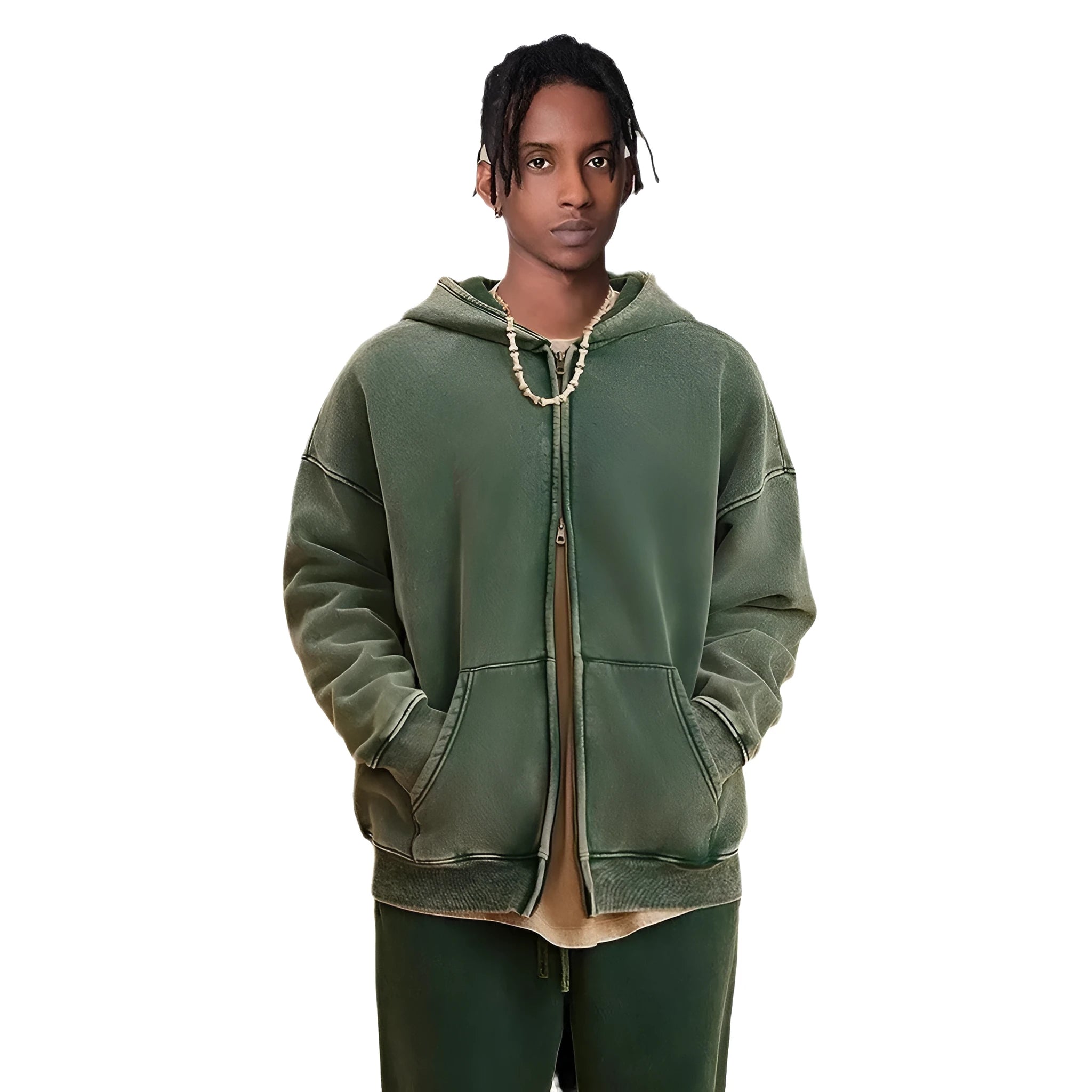 Men's washed cotton hooded cardigan sweater with fleece lining and a double zipper front.