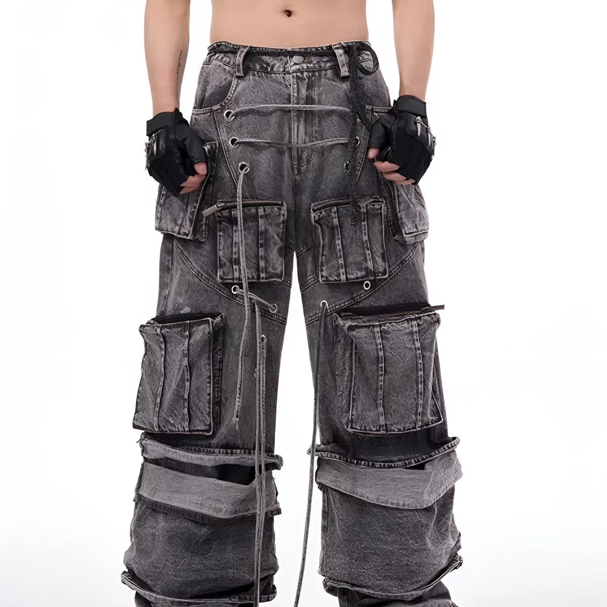 Grey distressed denim overalls with rope stitching on a hanger.