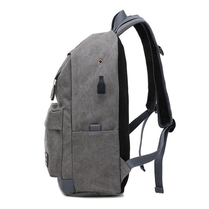 Canvas backpack with USB charging port in Coffee, Grey, Khaki, or Black colour.