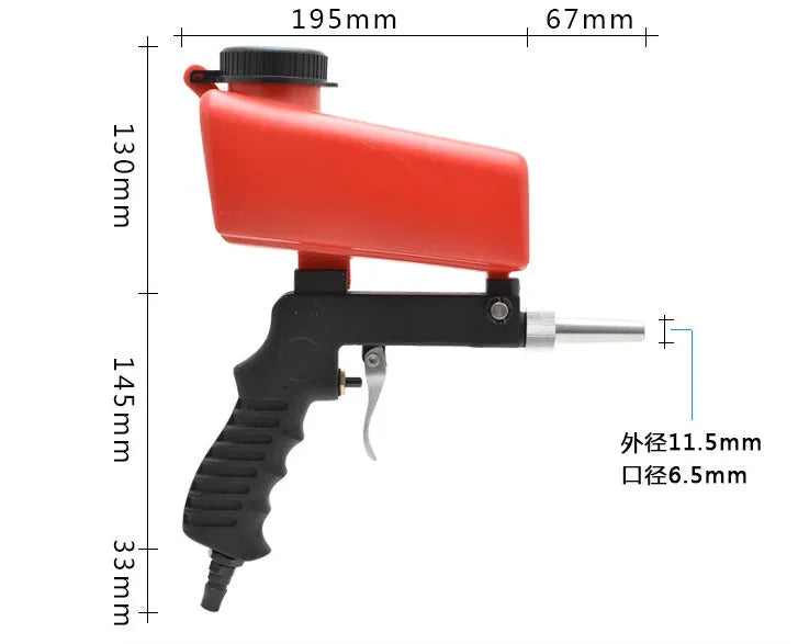 Portable small gravity feed pneumatic sandblasting gun with tank, shown in black or blue.