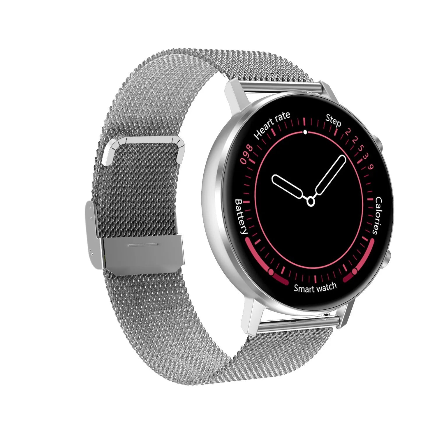 DT96 smart bracelet with steel strap on a wrist, showing its 1.3-inch display.