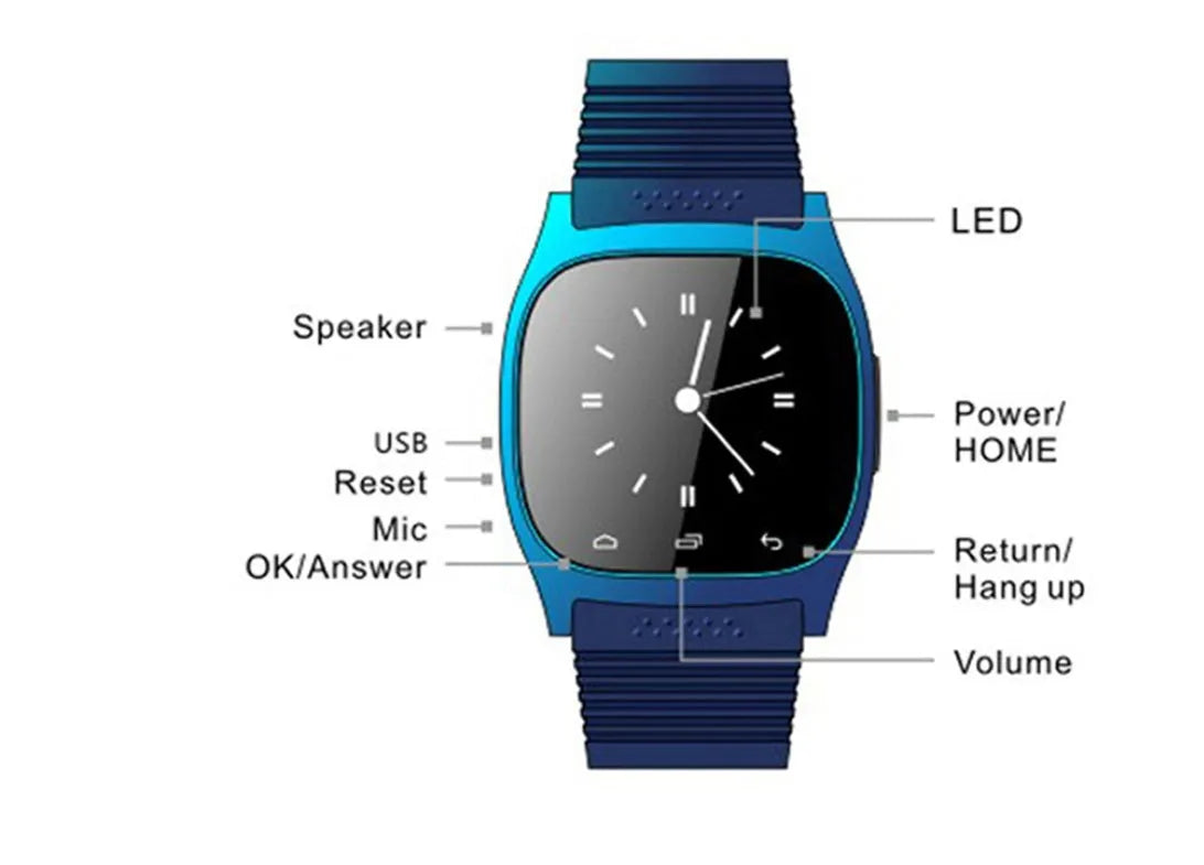 Black Bluetooth smart sports watch showing time and paired with a smartphone on a wrist.