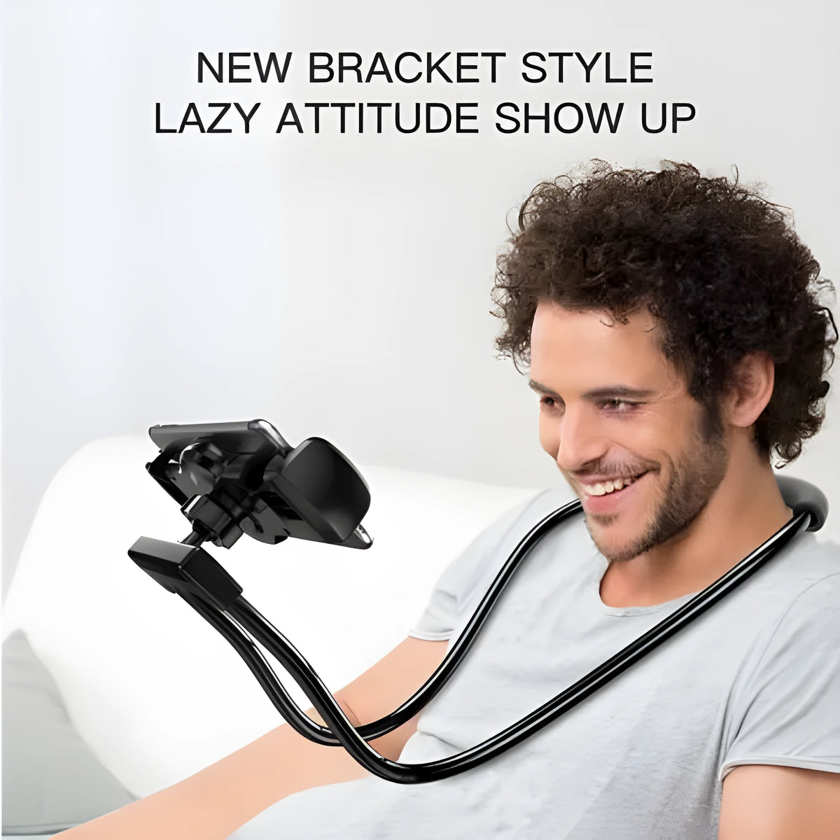Baseus flexible gooseneck phone holder with clamp and shockproof support, shown holding a mobile phone.