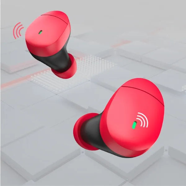 Flame red Qualcomm Bluetooth 5.2 headset with earplug design and charging cable