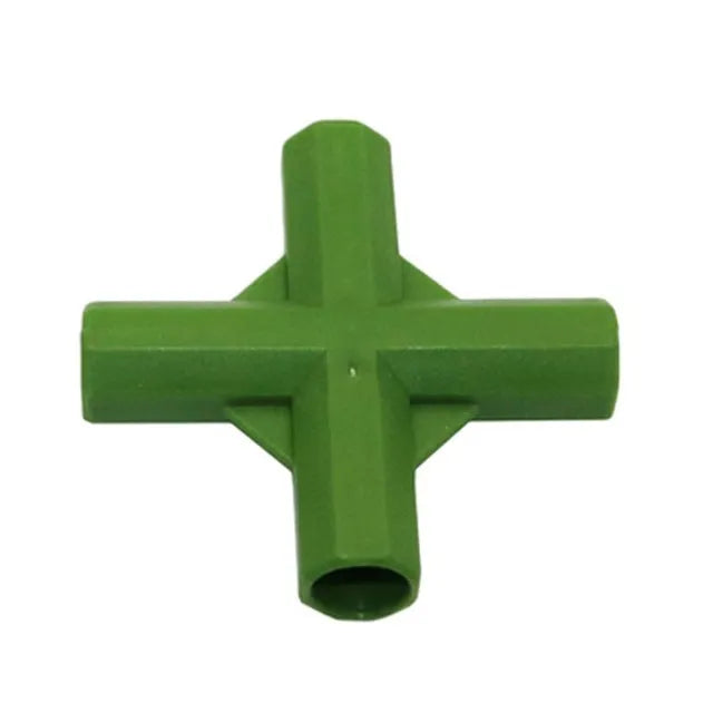Two white PP plastic garden connectors, one with three arms and one with four, for connecting 11mm plant support stakes.