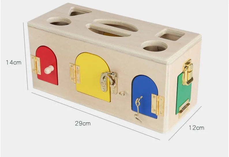 Wooden educational shape sorting box with 12 matching blocks for preschool children