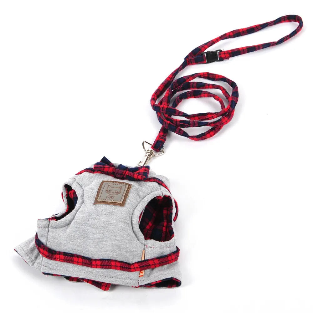 Red cat harness with 125cm traction rope, knitted fabric and cotton cloth, sizes XS S M