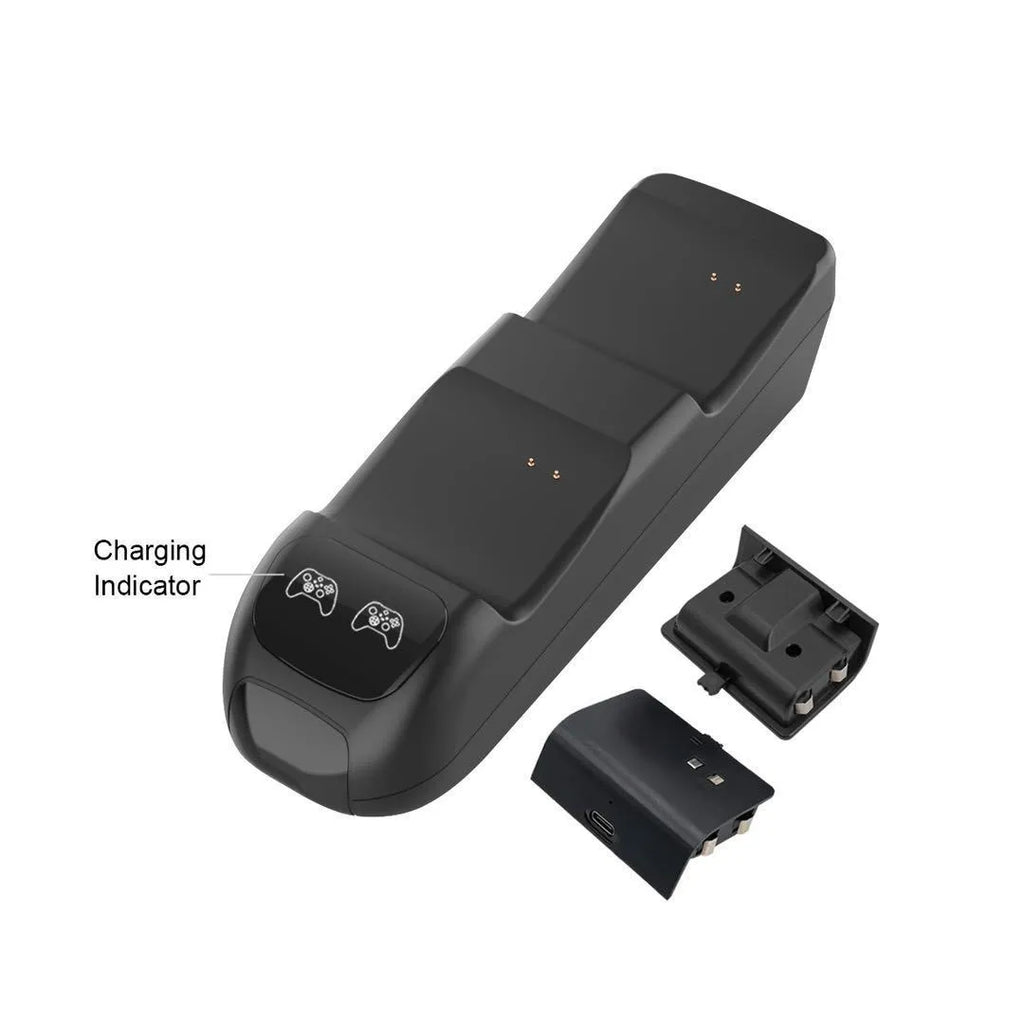Black Xbox Series X/S wireless controller charging dock showing two controllers charging with LED status lights.