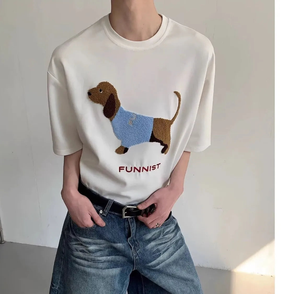 Men's grey T-shirt with embroidered sausage dog design on front, round neck and short sleeves