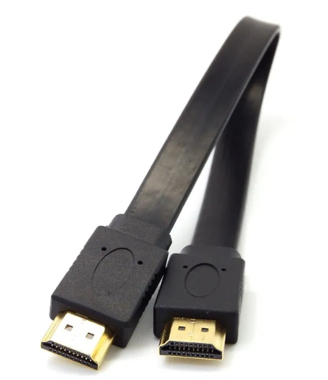 Flat black HDMI cable with standard connectors on a white background.