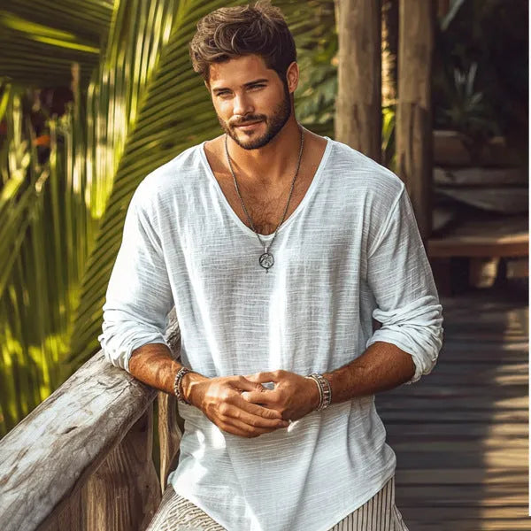 Beige men's slim-fit V-neck long-sleeved T-shirt made from hemp-blend fabric