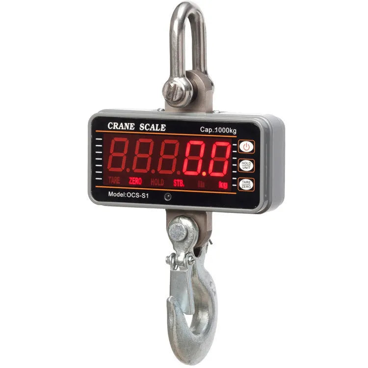 Orange electronic crane scale with digital display and hook attachment for 500 kg weighing capacity
