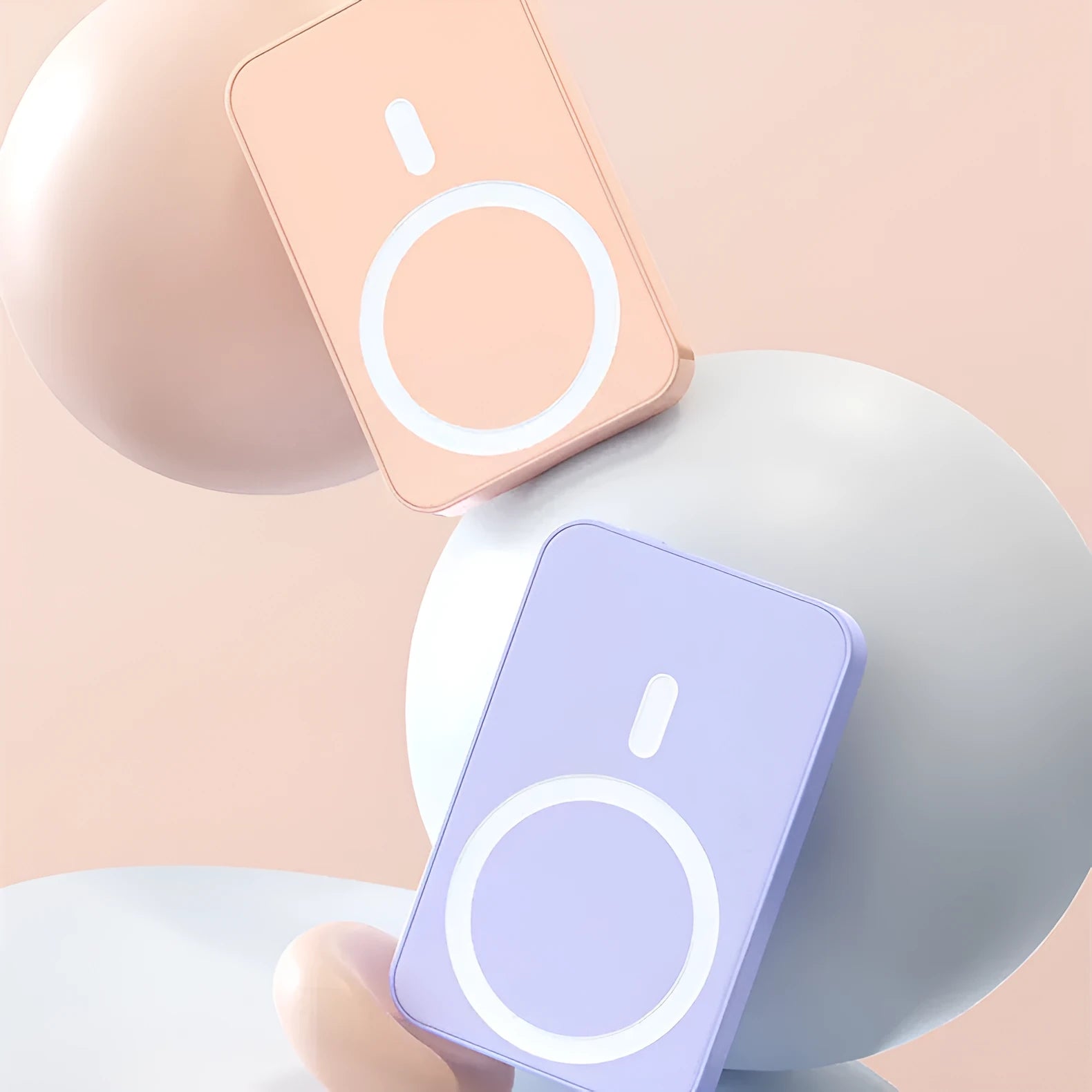20000mAh wireless magnetic power bank in pink purple or white with 20W output and square aluminum shell measuring 100x64x18mm