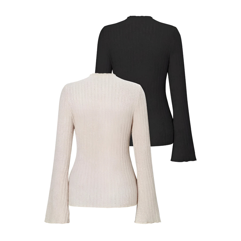 Long sleeve slim fit pullover top with lantern sleeves in black brushed polyester fabric