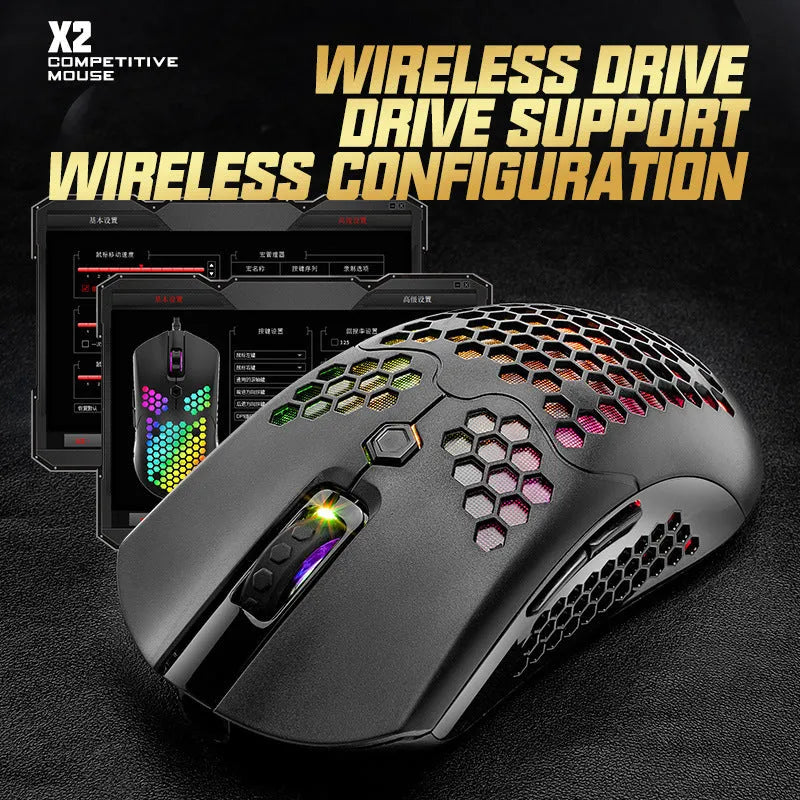 Free Wolf X2 wireless gaming mouse in black, showing RGB lighting and ergonomic shape.