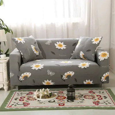 Geometric abstract print stretch sofa slipcover on a modern sofa