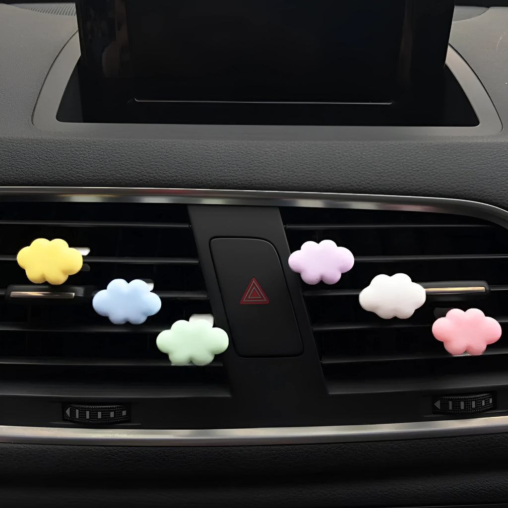 Resin car fragrance clip in pastel colours with cartoon cloud design for vent mounting