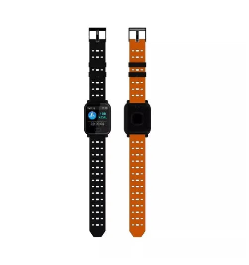 A6 smart bracelet with colour screen and silicone strap in black, blue, or orange on a wrist