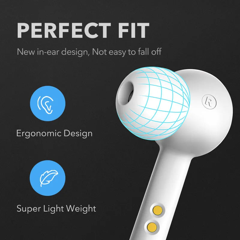 Black and white true wireless stereo earbuds with Bluetooth 5.0 and IPX5 waterproof rating