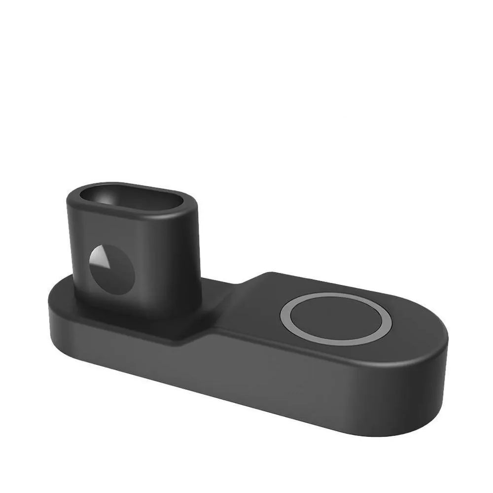 Black W3 wireless charging stand holding an iPhone, an Apple Watch on its magnetic charger, and AirPods connected to the dock.