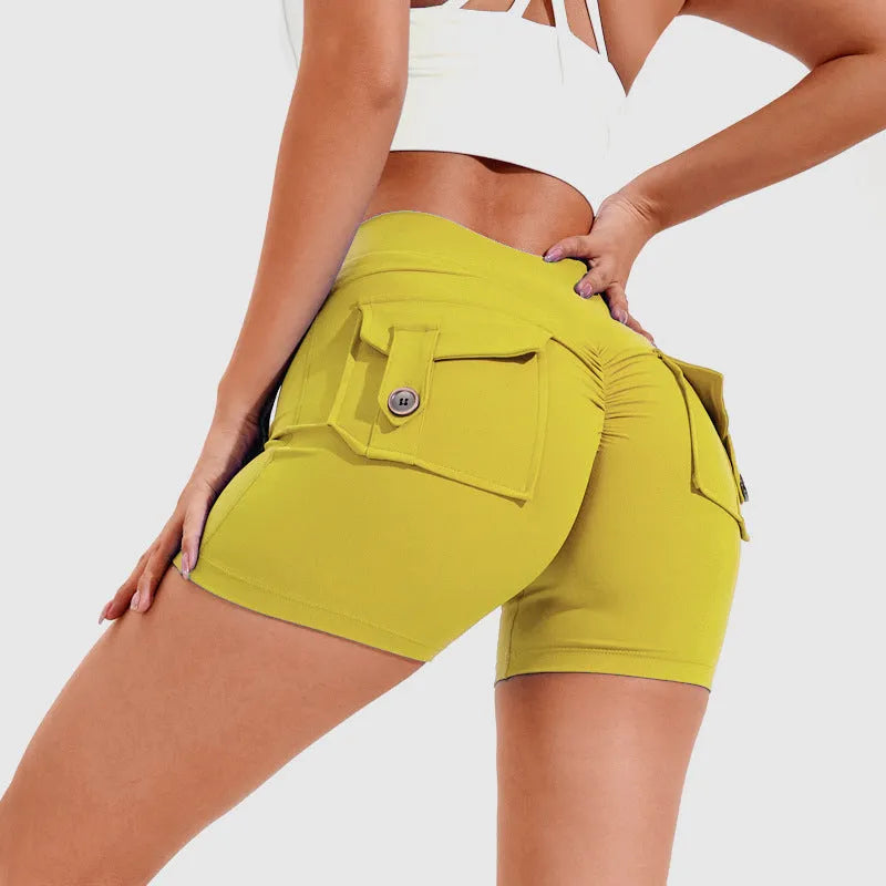 Women's high waist hip lifting shorts with pockets in various colours for fitness activities