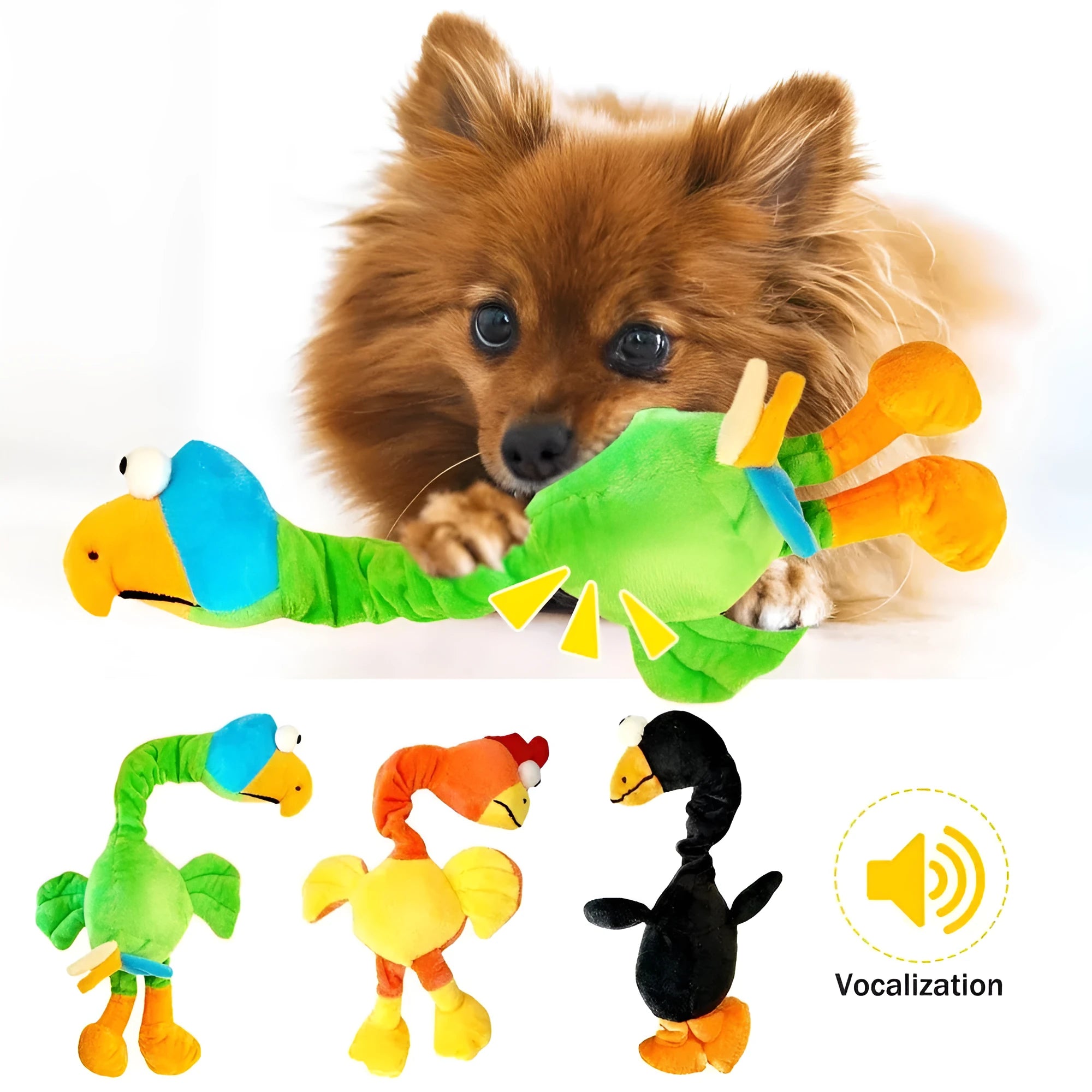 Squeaky chicken-shaped dog toy in black, green, and orange colours.
