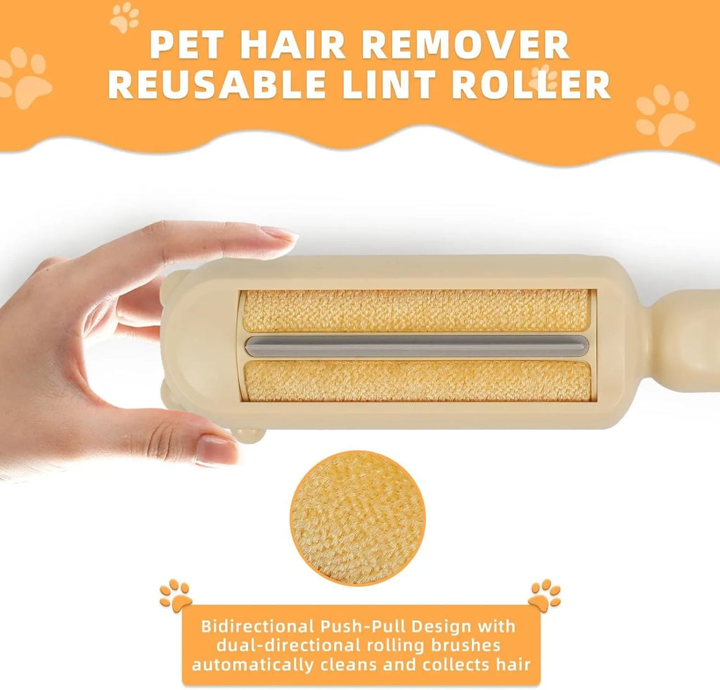 Blue pet hair remover roller with self-cleaning base for furniture and car seats